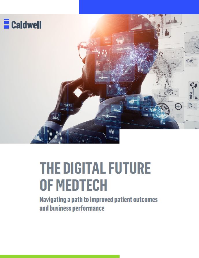 man looking to the left with digital transformation MedTech graphics surrounding him