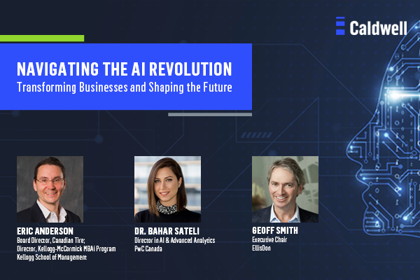 Webinar titled Navigating the AI Revolution Transforming Business and Shaping the Future. Eric Anderson, Dr. Bahar Sateli, Geoff Smith headshots